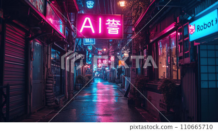 Cyberpunk city street at night, neon store signs of AI and Robot, dark grungy alley with buildings in low light. Concept of dystopia, shop, anime, industry and future 110665710