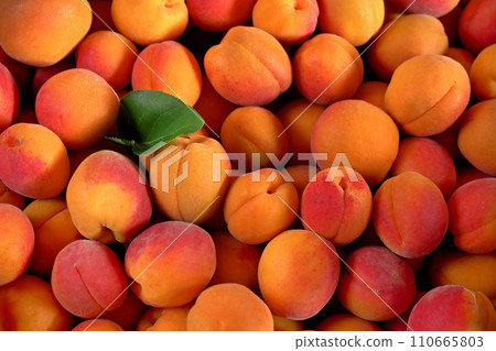 Heap of apricots with one green leaf, view from above 110665803