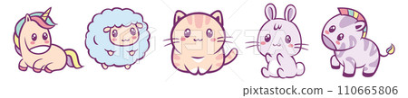 Kawaii cute animals set. Cheerful cartoon cat and hare Kawaii cute animals set. Cheerful cartoon cat and hare 110665806