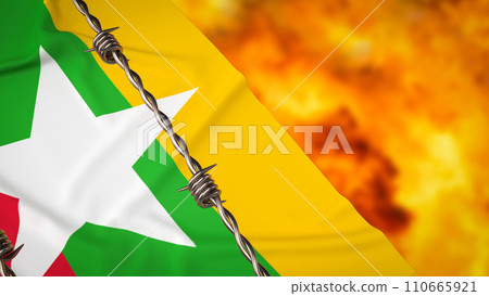 The Myanmar flag and barb 3d rendering. The Myanmar flag and barb 3d rendering. 110665921