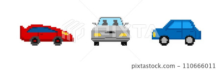 Colorful pixel cars set. Arcade red racing transport Colorful pixel cars set. Arcade red racing transport 110666011