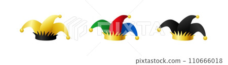 Clown jester hats set. Carnival colorful harlequin headdress Clown jester hats set. Carnival colorful harlequin headdress 110666018