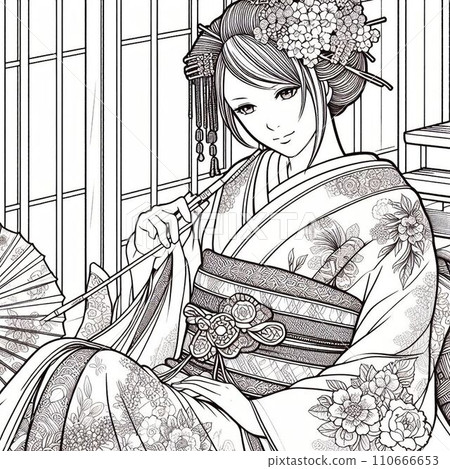 Coloring book woman in kimono Coloring book woman in kimono 110666653