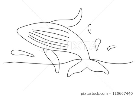 Whale jumping from water with splashes, doodle style flat vector outline for coloring book Whale jumping from water with splashes, doodle style flat vector outline for coloring book 110667440