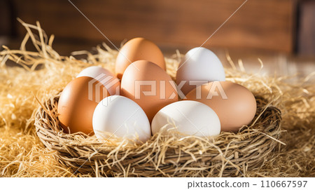 Egg in a nest of straw “AI generated image” 110667597