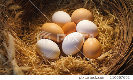 Egg in a nest of straw “AI generated image” 110667601