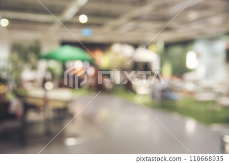 Blurred background shopping mall light bokeh business event in retail store. Blurry abstract background of store grocery. Blur Convention hall center audience present display goods products on shelf. 110668935