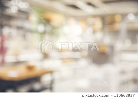 Blurred background shopping mall light bokeh business event in retail store. Blurry abstract background of store grocery. Blur Convention hall center audience present display goods products on shelf. 110668937