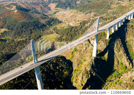 View from drone of Vila Real Bridge across gorge of Corgo river View from drone of Vila Real Bridge across gorge of Corgo river 110669608