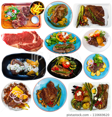 Collage of dishes from beef on white background 110669620