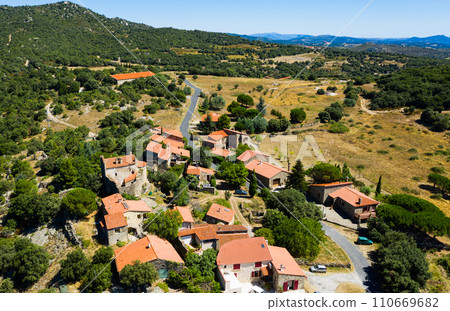 Panoramic view from the drone on the city Marcevol. Eastern Pyrenees 110669682