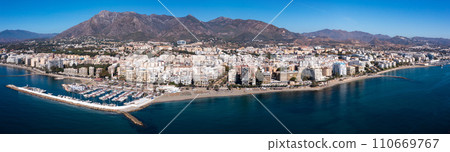 Aerial drone perspective of beautiful over luxury Puerto Banus Bay in Marbella. Spain Aerial drone perspective of beautiful over luxury Puerto Banus Bay in Marbella. Spain 110669767