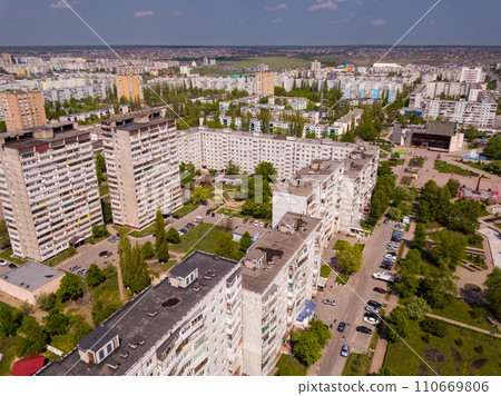 Panoramic view from drone of the residential district of city Old Oskol. Russia Panoramic view from drone of the residential district of city Old Oskol. Russia 110669806