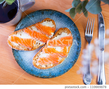 Two appetizing sandwiches with salmon 110669878