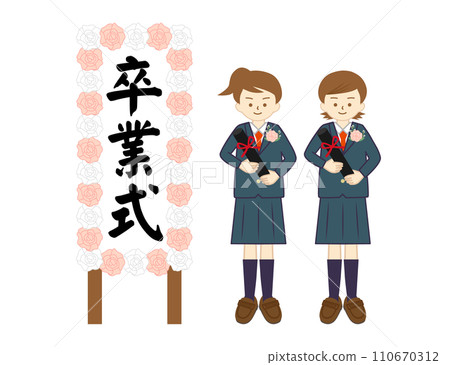 兩個女孩在畢業標誌前拿著文憑微笑 兩個女孩在畢業標誌前拿著文憑微笑 110670312