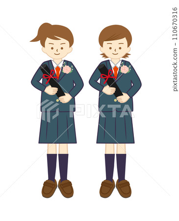 Two girls in uniform smiling while holding a diploma (full body) Two girls in uniform smiling while holding a diploma (full body) 110670316