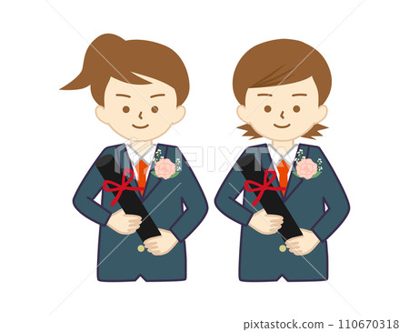 Two girls in uniform smiling while holding a diploma (upper body) 110670318