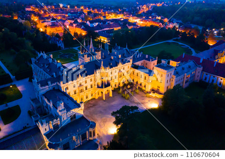 Evening aerial view on the medieval castle Lednice. South Moravian region. Czech Republic 110670604