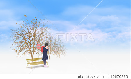 一個女孩在寒冷的燃木樹下暖手文本背景材料 110670883