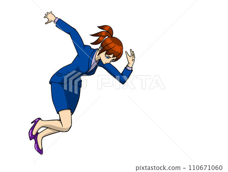 Businesswoman's starting dash - Illustration of the moment when a woman in a blue suit starts running vigorously 110671060