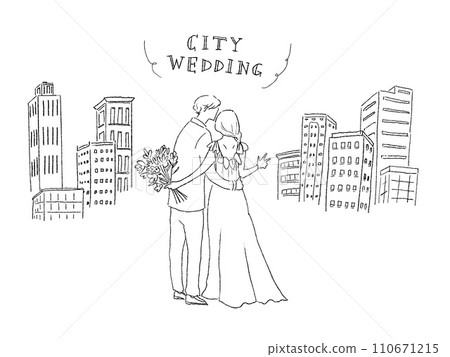 Building area and bride and groom, city wedding, wedding ceremony, photo wedding, line drawing Building area and bride and groom, city wedding, wedding ceremony, photo wedding, line drawing 110671215