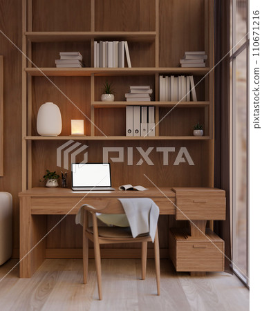 A modern, luxury private office or home office with a laptop computer mockup on a wooden desk A modern, luxury private office or home office with a laptop computer mockup on a wooden desk 110671216