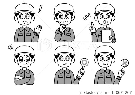 Worker set wearing a helmet, black and white Worker set wearing a helmet, black and white 110671267