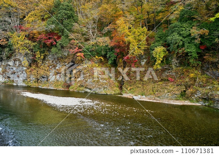 The flow of the Arakawa river and the Chichibu Red Cliffs with autumn leaves above Nagatoro Iwatatami 110671381