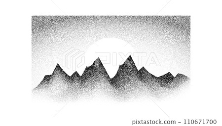 Grain stippled mountain range. Dotted landscape terrain silhouette. Black white grainy hill chain. Grunge noise stochastic background. Pointillism texture wallpaper. Vector dot work style illustration 110671700