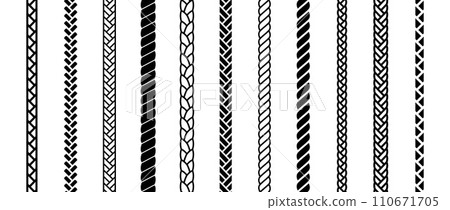Repeating rope set. Seamless hemp cord line collection. Black chain, braid, plait stripe bundle. Vertical decorative plait pattern pack. Vector marine twine frame design elements for banner, poster 110671705