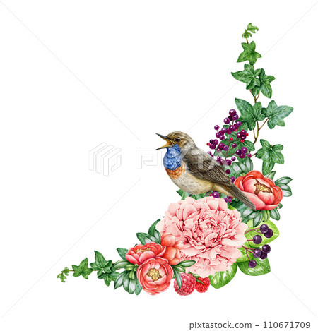 Spring flower tender floral decor with singing bird. Watercolor vintage style illustration. Hand painted tender garden flowers with green leaves decoration. Pink peony, raspberry, ivy leaf element 110671709