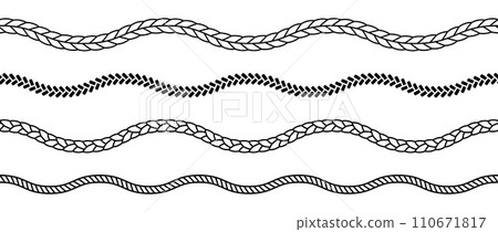 Set of rope waves. Repeating hemp cord stripes collection. Waving chain, braid, plait bundle. Seamless decorative plait pattern. Vector marine twine design elements for banner, poster, frame, border Set of rope waves. Repeating hemp cord stripes collection. Waving chain, braid, plait bundle. Seamless decorative plait pattern. Vector marine twine design elements for banner, poster, frame, border 110671817