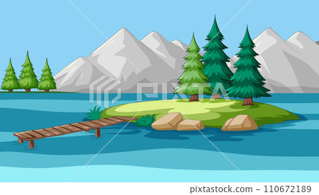 Serene Lake Island with Mountain Backdrop 110672189