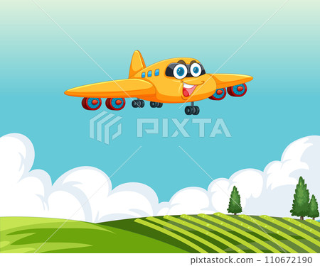 Happy Cartoon Airplane Soaring High Happy Cartoon Airplane Soaring High 110672190