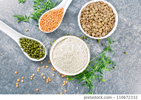Flour lentil in bowl on granite countertop top 110672332