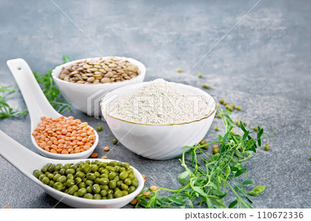 Flour lentil in bowl on stone table Flour lentil in bowl on stone table 110672336