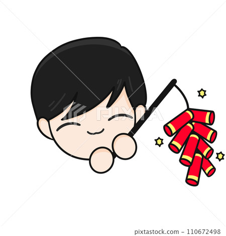 Chinese New Year, Cute Mascot Kid with Black Hair Holding Firecrackers, Fireworks, and Cartoon illustration. Chinese New Year, Cute Mascot Kid with Black Hair Holding Firecrackers, Fireworks, and Cartoon illustration. 110672498