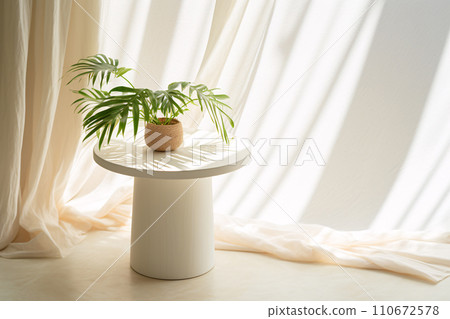 Tropical Paradise, White Wood Side Table with Lush Plant & Sunlit Shadows Tropical Paradise, White Wood Side Table with Lush Plant & Sunlit Shadows 110672578