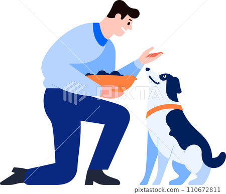 a man feeding his dog in flat style isolated on background a man feeding his dog in flat style isolated on background 110672811
