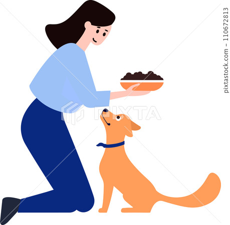 a woman feeding her dog in flat style isolated on background a woman feeding her dog in flat style isolated on background 110672813