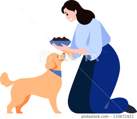 a woman feeding her dog in flat style isolated on background 110672821