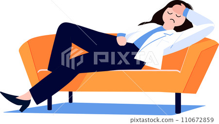 woman tired and lying down on couch in flat style isolated on background woman tired and lying down on couch in flat style isolated on background 110672859
