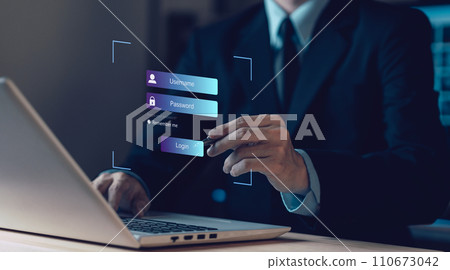 Username and password on laptop. Cyber security. Data protection information. Encryption and safety secured access to user personal data. Cybercrime. Compromised information internet. Cyber attack. 110673042