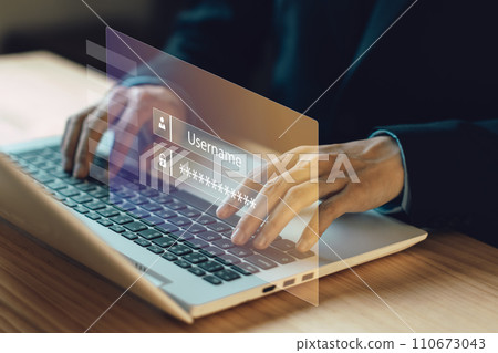 Username and password (Login). Cyber security. Data protection information. Encryption and safety secured access to user personal data. Cybercrime. Compromised information internet. Cyber attack. 110673043