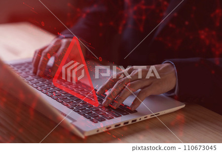 System hacked warning alert on notebook (Laptop). Cyber attack on computer network, Virus, Spyware, Malware or Malicious software. Cyber security and cybercrime. Compromised information internet. 110673045