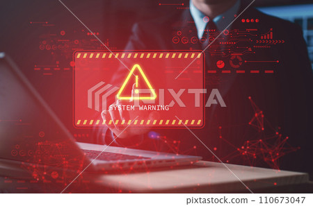 System hacked warning alert on notebook (Laptop). Cyber attack on computer network, Virus, Spyware, Malware or Malicious software. Cyber security and cybercrime. Compromised information internet. 110673047