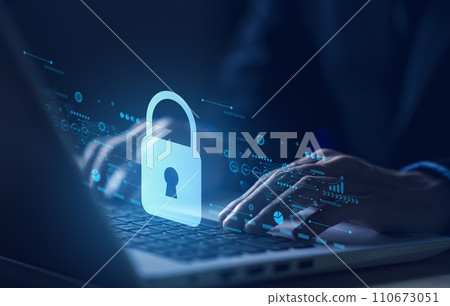 Lock on laptop. Cyber security. Data protection information. Encryption and safety secured access to user personal data. Cybercrime. Compromised information internet. Cyber attack on computer network 110673051