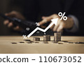 Investment in percentage with coin. income tax paid, dividends, interest rate and corporations. Businessman calculating with calculator, of return on financial research, report. 110673052