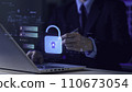 Cyber security. Data protection information. Encryption and safety secured access to user personal data. Cybercrime. Compromised information internet. Lock on laptop. Cyber attack on computer network 110673054