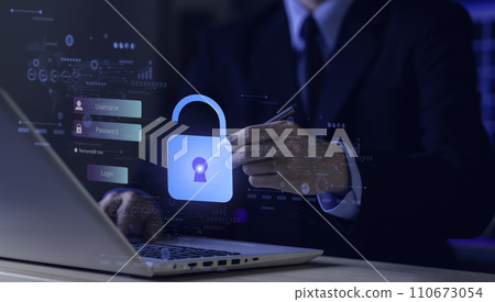 Cyber security. Data protection information. Encryption and safety secured access to user personal data. Cybercrime. Compromised information internet. Lock on laptop. Cyber attack on computer network 110673054